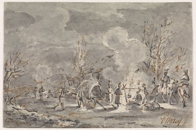 Accampamento con soldati intorno al fuoco da Gerardus Emaus de Micault