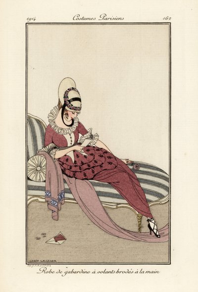Donna in abito di gabardine con volant ricamati a mano da Gerda Marie Frederike Wegener