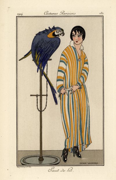 Donna in camicia da notte a righe con pappagallo domestico da Gerda Marie Frederike Wegener