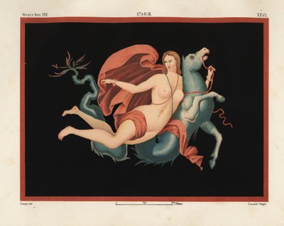Una Nereide (ninfa del mare) con mantello e braccialetti che cavalca un mostro marino o ippocampo, metà cavallo e metà pesce. Museo Naz. XXII, Stabiae. Disegnato e cromolitografato da Victor Steeger da Emile Presuhn (1844-1878) Le più belle pitture di Pomp da Geremia Discanno