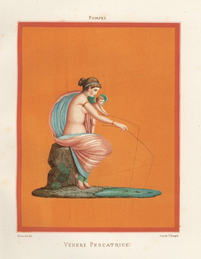 Affresco di Venere e Cupido che pescano con le canne da un laghetto. Trovato in Regio V.V.3, la Casa dei Gladiatori. Cromolitografia di Victor Steeger dopo un