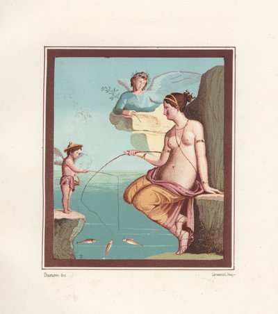 Affresco di Venere e Cupido che pescano con le canne dal mare. Trovato in Regio VI.XIV.28, la Taberna Lusoria. Cromolitografia di Victor Steeger dopo un