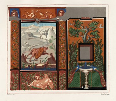 Murale in un viridarium (giardino) di una tigre che attacca un toro, e pavoni su una fontana, dalla Casa con le Immagini Iscritte, Regio V, Insula I, N. 18. Cromolitografia di Victor Steeger dopo un