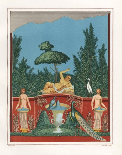 Affresco di Bacco con pavoni e fontane da un muro del giardino nella Casa di Romolo e Remo, VII.VII.10. Cromolitografia di Victor Steeger dopo un