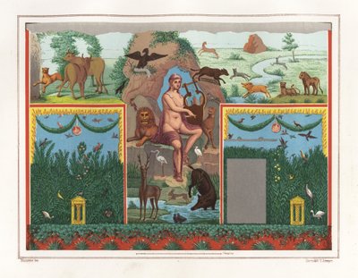 Pittura murale di Orfeo con la lira dal viridarium (giardino) della Casa di Vesonio Primo, un fuller. È circondato da animali tra cui un leone, un puma, un cinghiale, un cervo, un coniglio e un fenicottero blu. Cromolitografia di Victor Steeger dopo un