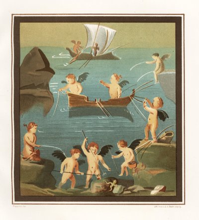 Affresco di cupidi che giocano, pescano, navigano da un cubicolo nella Casa del Ristorante (Casa di Lupanare Piccolo) al 14, Regio IX, Insula V. Cromolitografia di J.G. Bach dopo un