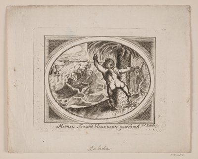 Amore presso una palma, indicando oltre un mare agitato da Gerhard Ludvig Lahde