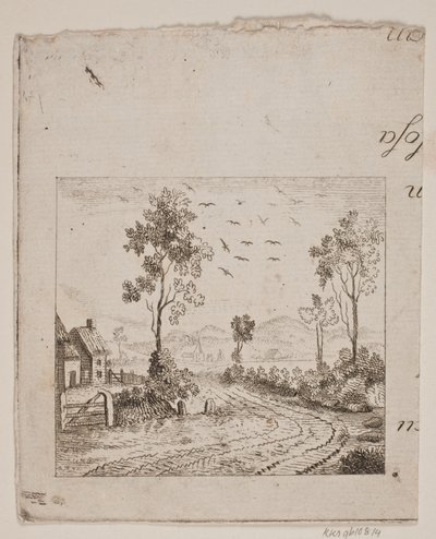 Paesaggio con casa vicino a una strada con albero e uccelli in volo da Gerhard Ludvig Lahde