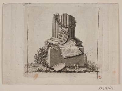 Vignetta con colonna spezzata e le armi dei tre regni nordici da Gerhard Ludvig Lahde