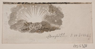 Vignetta con le armi dei tre regni nordici tra le nuvole davanti al sole da Gerhard Ludvig Lahde