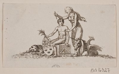 Vignetta con donna, giovane seduto e unicorno da Gerhard Ludvig Lahde