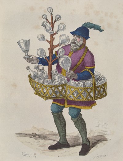 Venditore di vetro e cristallo nel XV secolo, da Costumes de Paris a Travers les Siecles pubblicato nel 1887 da Gerlier