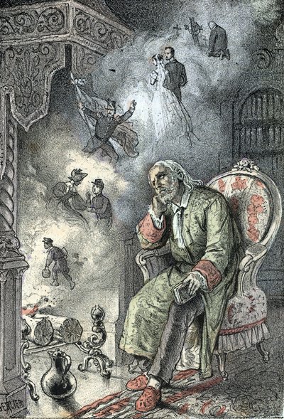 Un vecchio che ricorda le fasi della sua vita (matrimonio, guerra, morte dei parenti, infanzia) (solitudine, amnesia, vecchiaia, senilità, pensione, memoria) Incisione da 