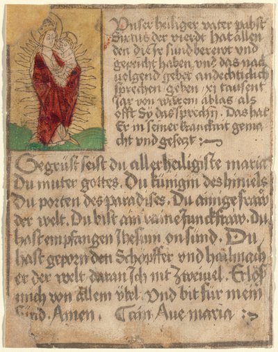 Madonna e bambino in gloria con indulgenza e preghiera da German 15th Century