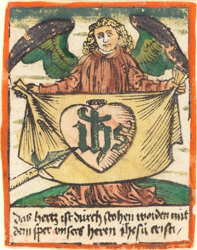 Monogramma sacro in un Sacro Cuore su un panno tenuto da un angelo da German 15th Century