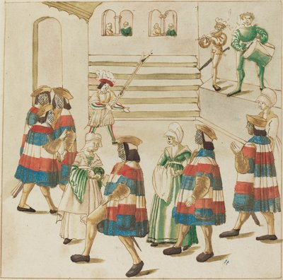 Uomini in Rosso, Bianco e Blu che Ballano con i Loro Partner da German 16th Century