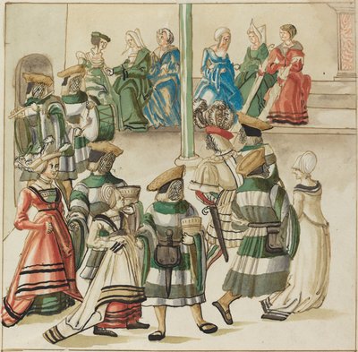 Tre coppie danzanti guidate da due cavalieri in una stanza con colonna da German 16th Century