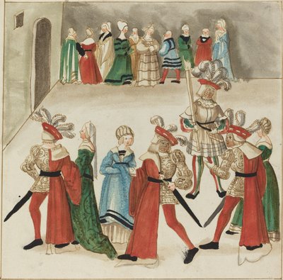 Tre uomini in mantelli rossi che ballano con i loro partner da German 16th Century