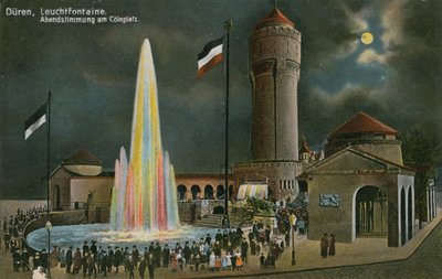 Duren, Leuchtfontaine, atmosfera serale a Colnplatz. Cartolina inviata il 20 marzo 1913. da German Photographer