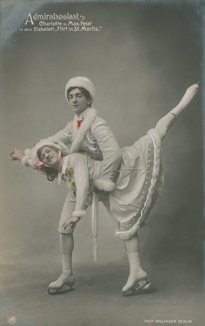 Cartolina di pattinatori su ghiaccio, inviata nel 1913 (foto colorata a mano) da German Photographer