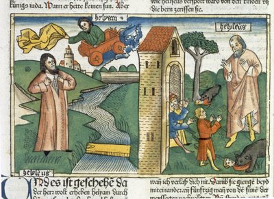 Elia ascende al cielo in un turbine e i ragazzi che deridono Eliseo sono mangiati dagli orsi, dalla Bibbia di Norimberga (Biblia Sacra Germanaica) da German School