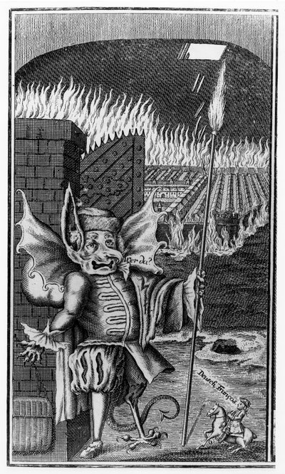 Un diavolo che sorveglia una città in fiamme, c. 1755 da German School