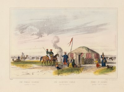 Una famiglia Kalmyk (Mongolia occidentale) che alleva cavalli, foglio illustrato pubblicato da Joseph Scholz, Mainz, c.1860 da German School