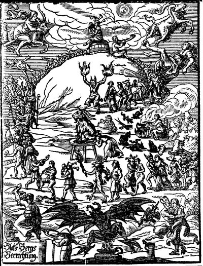Cerimonia del sabba, un caprone che rappresenta il diavolo è al centro, circondato da streghe e demoni. Incisione tedesca del XVI secolo da German School