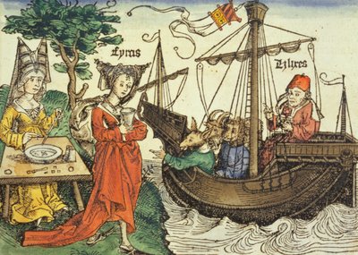 Una strega, probabilmente Circe con la coppa di veleno e Ulisse con i suoi compagni, dal Nuremberg Chronicle di Hartmann Schedel, 1493 da German School