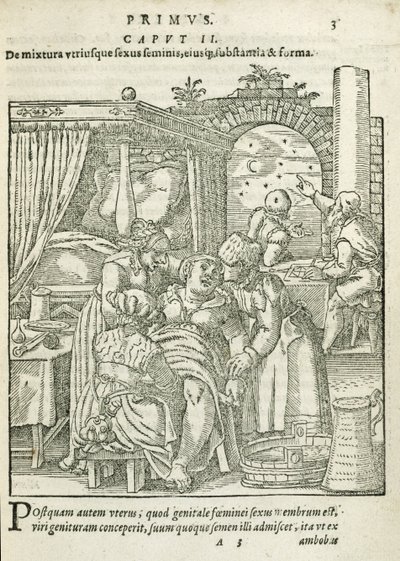 Una donna in travaglio, illustrazione dal capitolo 2, Libro 1 di Sulla concezione e crescita dell