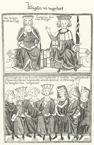 Una rappresentazione del Sangerkrieg, un concorso tra menestrelli al castello di Wartburg in Turingia nel 1207, dal Codex Manesse (incisione) da German School