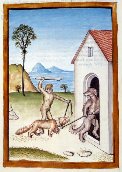 Un cane e una scimmia tiranneggiano una donnola. Animali raffigurati in postura maschile. Miniatura tratta da una traduzione tedesca delle favole di Kalila e Dimna di Bidpai da German School