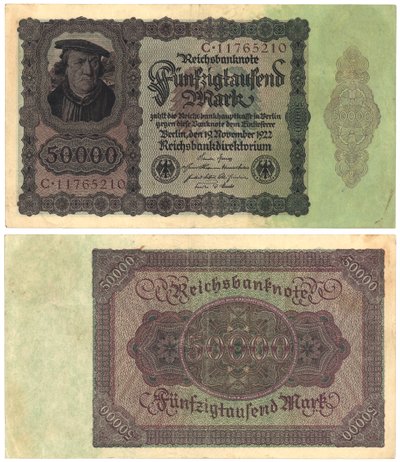 Una banconota da cinquantamila marchi, 1922 (recto e verso) da German School