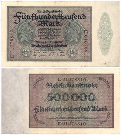 Una banconota da cinquecentomila marchi, 1923 (recto e verso) da German School