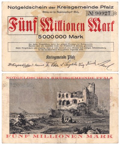 Una banconota da cinque milioni di marchi, c.1923 (recto e verso) da German School