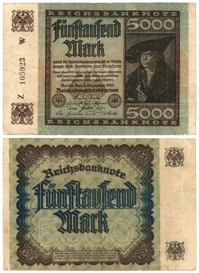 Una banconota da cinquemila marchi, 1922 (recto e verso) da German School