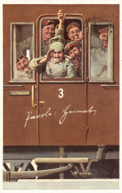 Un gruppo di soldati tedeschi della Prima Guerra Mondiale che salutano da un vagone ferroviario da German School
