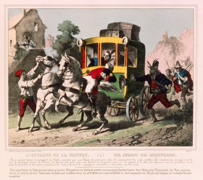 Una coppia in luna di miele viene attaccata da briganti in Italia, foglio illustrato pubblicato da Gangel & P. Didion, Metz, c.1850 da German School
