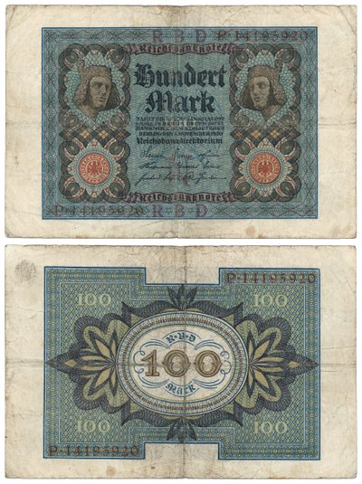 Una banconota da cento marchi, 1920 (recto e verso) da German School