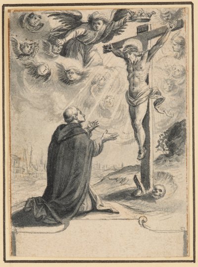 Un frate inginocchiato davanti a una visione di Cristo sulla croce da German School