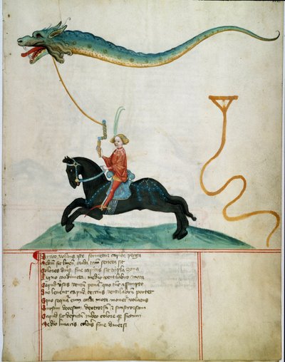 Un cavaliere che tiene un cervo volante drago Pagina di manoscritto della scuola tedesca del XV secolo. 1405 Gottinga, biblioteca dell
