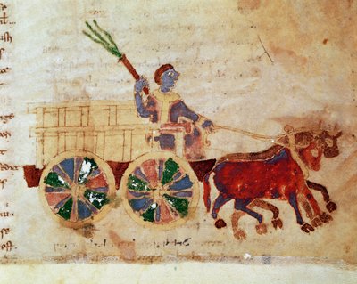 Un contadino su un carro in miniatura dal manoscritto 