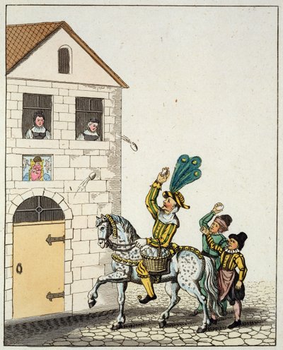 Una danza rotonda nella piazza principale della città, dalle usanze di Norimberga antica e giullare su un cavallo pezzato che lancia uova, dalle usanze e pratiche di Norimberga antica nei giochi e nelle canzoni, ripubblicato 1831 da German School