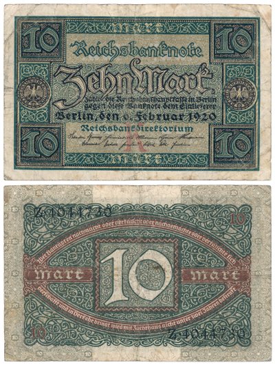 Una banconota da dieci marchi, 1920 (recto e verso) da German School
