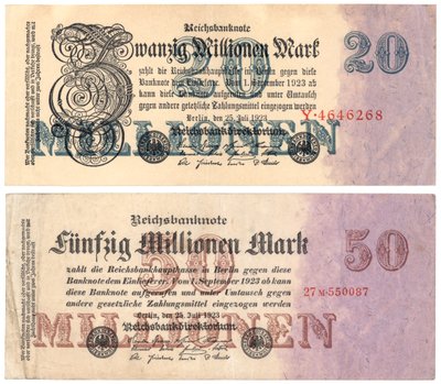 Banconote da venti e cinquanta milioni di marchi, 1923 da German School