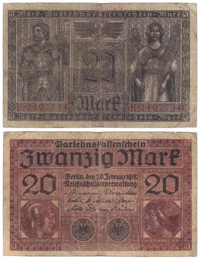 Una banconota da venti marchi, 1918 (recto e verso) da German School