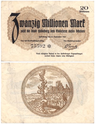 Una banconota da venti milioni di marchi, 1923 (recto e verso) da German School