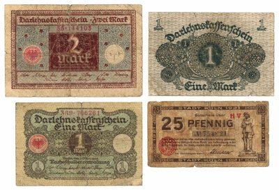 Una banconota da due marchi, due banconote da un marco e una banconota da venticinque pfennig, 1920-21 da German School
