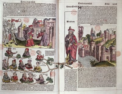 Abramo e i suoi discendenti, dal Nuremberg Chronicle di Hartmann Schedel (1440-1514) 1493 (xilografia colorata) da German School