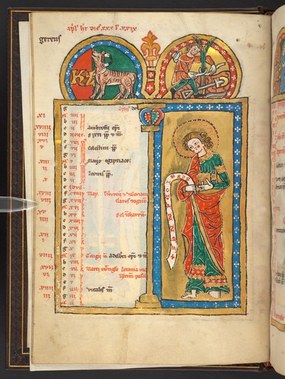 Aprile, parte di 12 pagine del calendario in oro e colori, con cornici architettoniche ciascuna contenente un segno dello Zodiaco, un apostolo e un lavoro del mese da German School